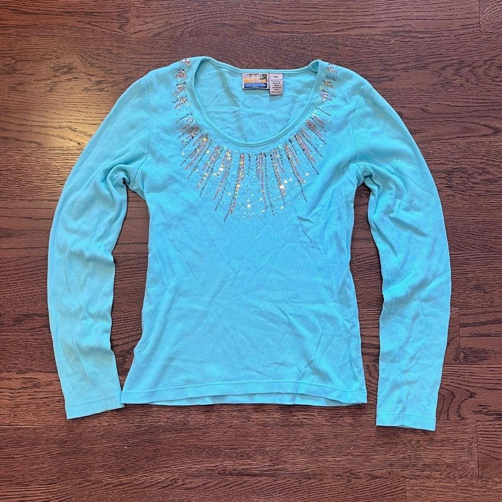 Y2K Bright Blue Sequin Embellished Scoop Neck‎ Top Small